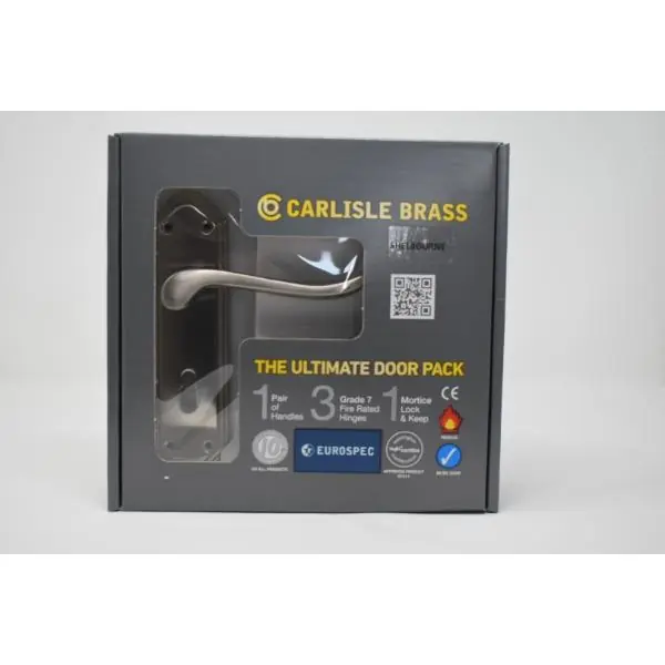 Carlisle Brass Ultimate Door Pack Shelbourne Lever On Place Lock And 3 Hinges Satin Nickle In Demand