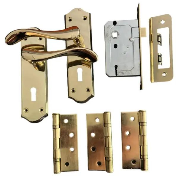 Sichern Elegant Contemporary Lock Furniture Brass Door pack, Pack contains Handles, Lock & 3 Hinges Free Returns