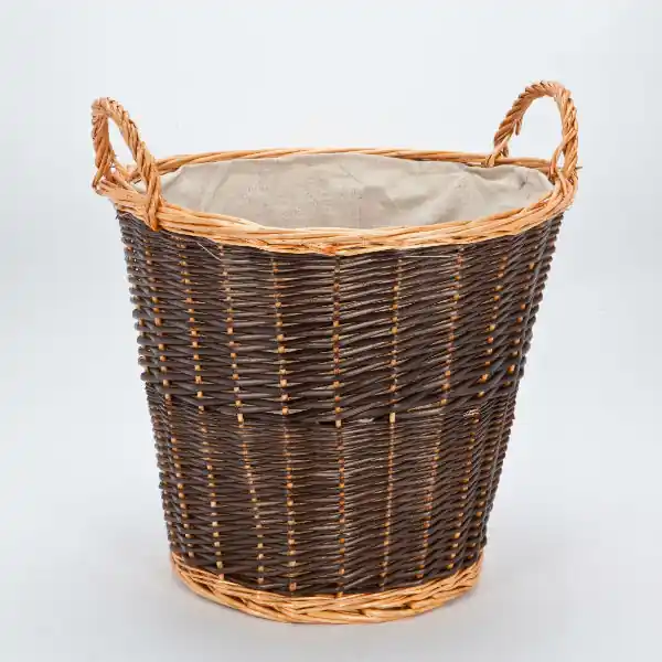 Circular willow basket with fixed linen liner. Discount