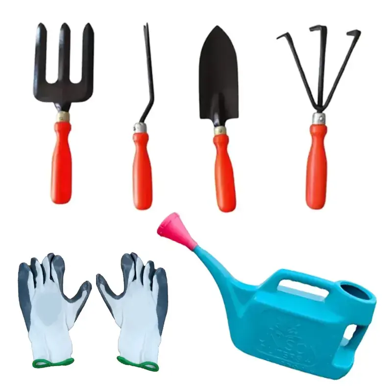 Gardening Tool Set Combo Pack of Garden Fork, Trowel, Hand Weeder, 3 Prong Cultivator, Gloves and Watering Can Markdown