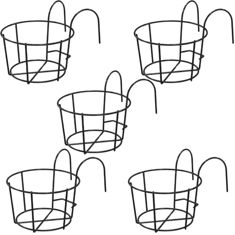 Popular Ecofynd Round Metal Hanging Flower Pot Stand, Railing Planters for Balcony Decoration-Black, Pack of 5(PS028-BLK-105) 5.0
