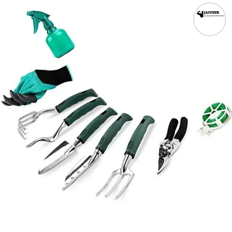 Jaiveer 9 Garden Tools Set - Trowel, Transplanter, Garden Fork, Hand Rake, Weeder, Pruning Shears, Spray Bottle, Plant Tags and Gloves Final Sale
