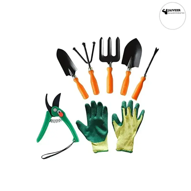 Crafted Jaiveer 7 Garden Tools Set - Transplanter, Trowel, Cultivator, Garden Fork , Weeder , Pruning shears and a Pair of Gloves