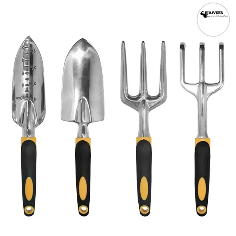 Jaiveer Set of 4 Garden Tools - Trowel, Transplanter, Hand Rake and Garden Fork | Used for Effective Gardening Worldwide Shipping