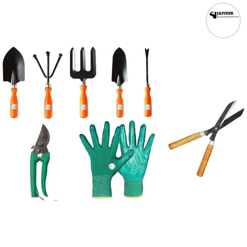 Jaiveer Set of 8 Garden Tools - Trowel, Transplanter, Garden Fork, Cultivator, Weeder, Pruner, Hedge Shear and Garden Gloves Buy Online
