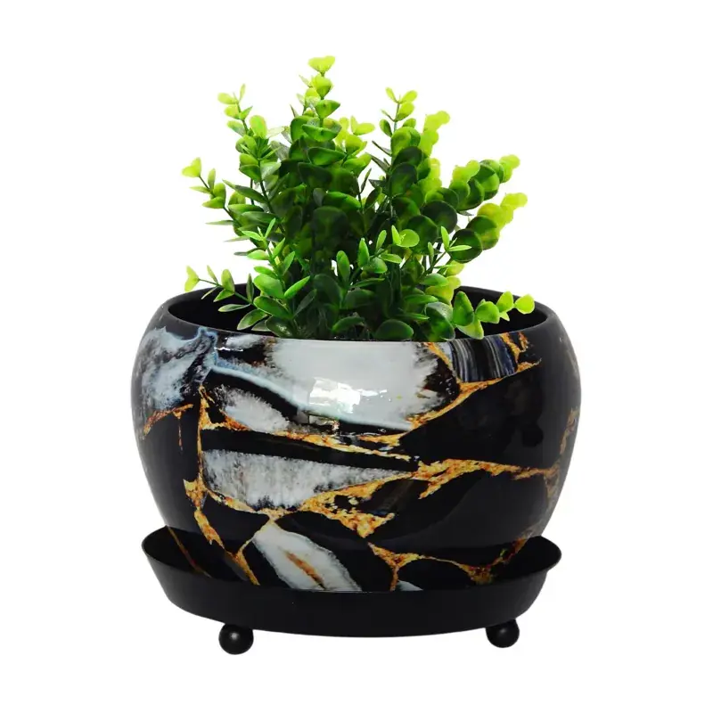 Ecofynd Lio Black & White Printed Metal Planter Pot | Modern Style Planter Set for Indoor Outdoor Home Decor 5.0 Modern