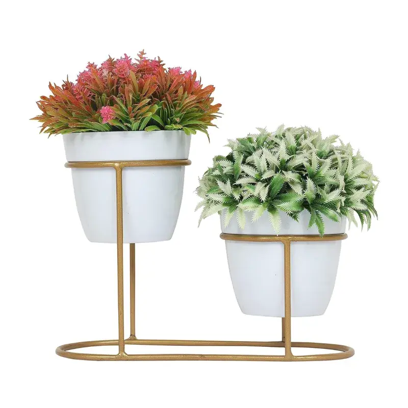 Ecofynd Stylish, Contemporary White Metal Planter Pots with Golden Stand (2 Piece Set) Instant Buy