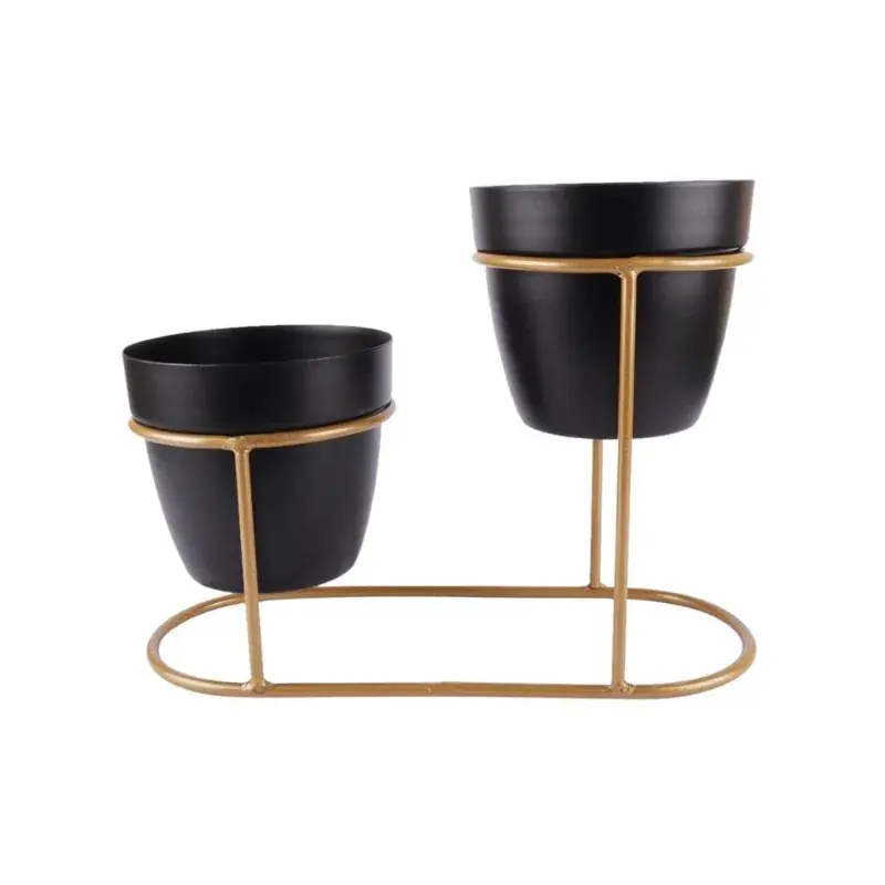 Ecofynd Stylish, Contemporary Black Metal Planter Pots with Golden Stand (2 Piece Set) 5.0 Flash Sale