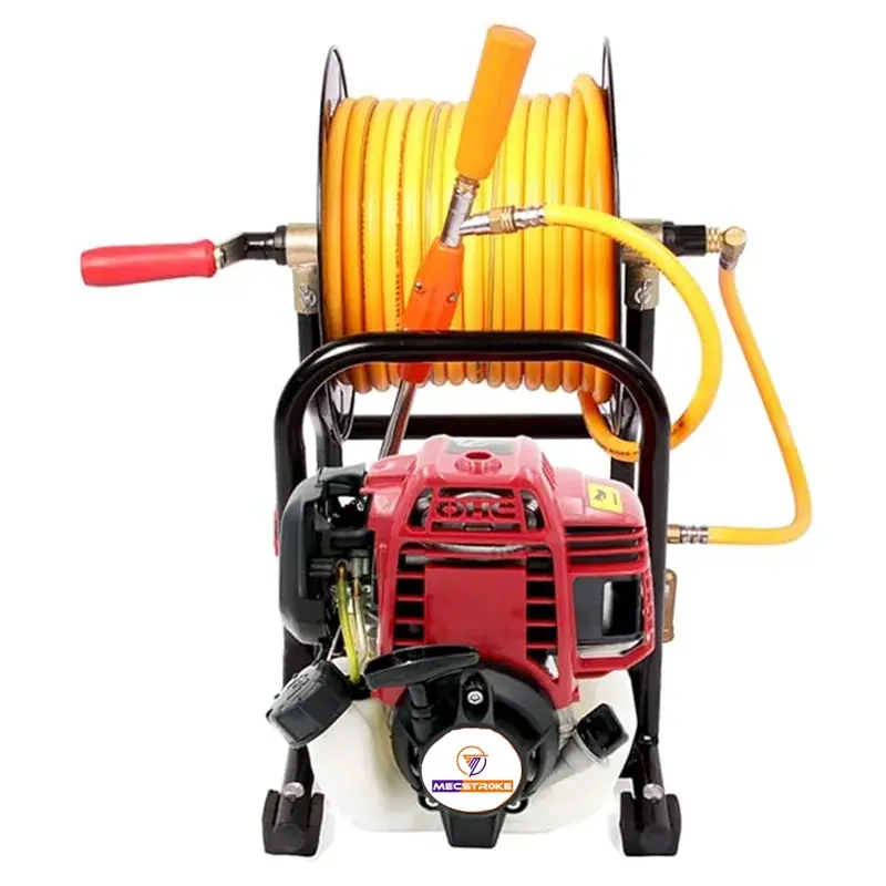 Modern MECSTROKE Portable Power Sprayer with 4 Stroke 35 cc Petrol Engine With 50 Meter Hose Pipe and Hose Reel Stand