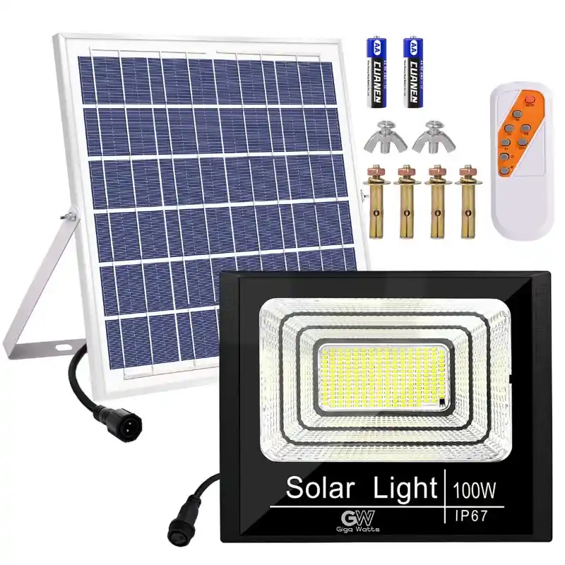 GIGAWATTS 100W Solar Flood Light with 15W Panel & Remote Control Rechargeable 6V Cool White Lights for Garden Lawn Camping And Outdoor Usage Next Day Delivery