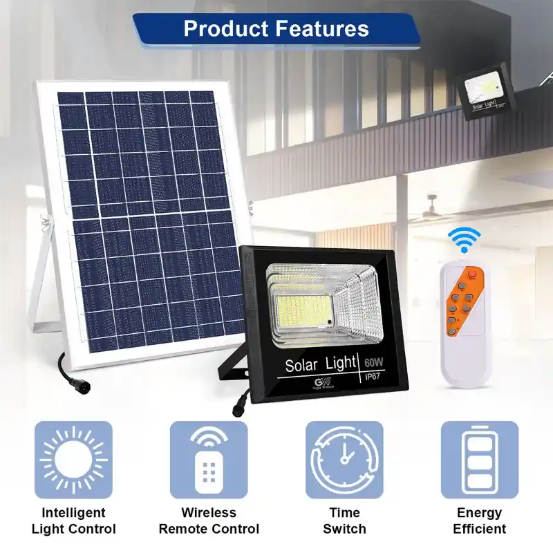 Top Pick GIGAWATTS 60W Solar Rechargeable Flood Light with 12W Panel & Remote Cool White Lights for Outdoor Garden Lawn Camping