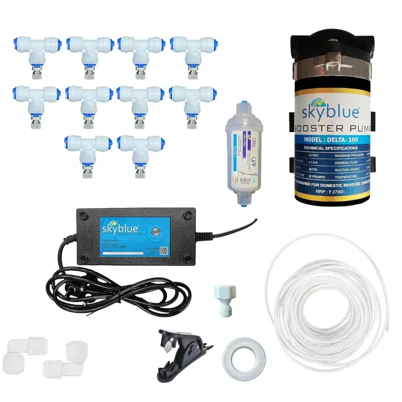 Hot Picks Sky Blue 10 Nozzle Fogger Kit with Pump, Pipe, UF filter and Pipe cutter for Cooling Dairy Farm, Garden and others use